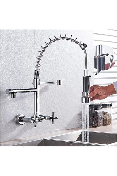 TAFASSELL Water-tap Chrome Brass Kitchen Faucet Vessel Sink Mixer Tap Spring Dual Swivel Spouts Sink Mixer Hot