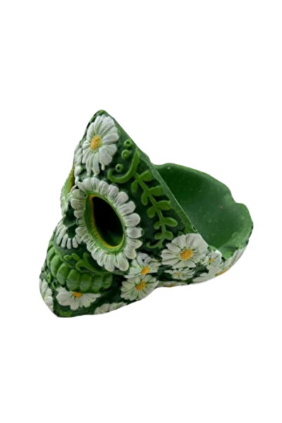 OEM Scrumiera jumatate de Craniu, verde cu detalii florale albe, Pictata manual