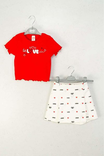 Magu Girls' Cotton Red T-Shirt and Patterned Skirt Set