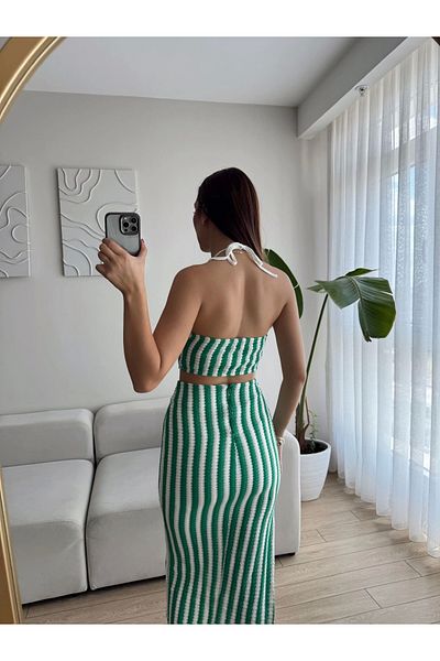 Zoom Butik Striped Crop & Slit Skirt Set - Green