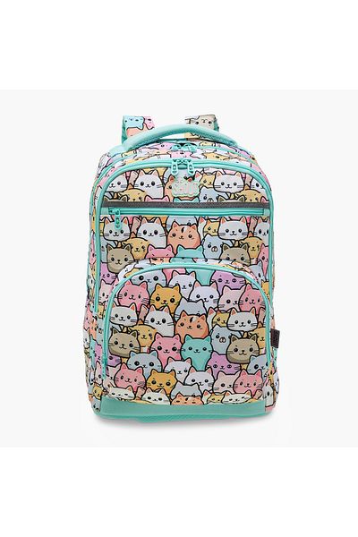 Shout Cat Print 3-Compartment Backpack with Adjustable Straps and Zip Closure - 32x20x45 cms