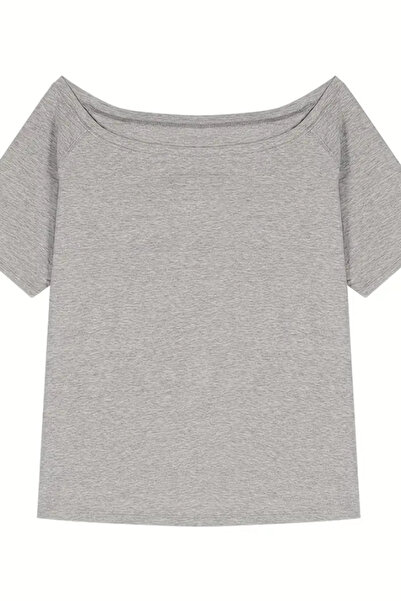 Tarz Cool Gri Kadın Düşük Omuz Kayık Yaka Oversize T-Shirt