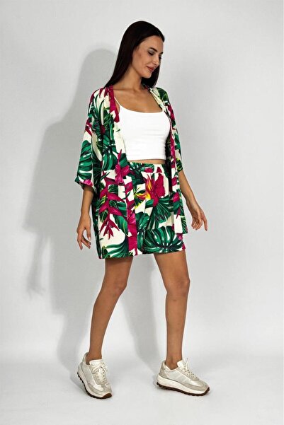 Betimoda Woven Viscose Relaxed Fit Kimono Shorts Top and Bottom Set Green