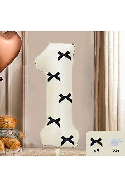 PartyPoo Black Bow Beige Number Foil Balloon 80cm 1 Number Balloon - Bow Ball...