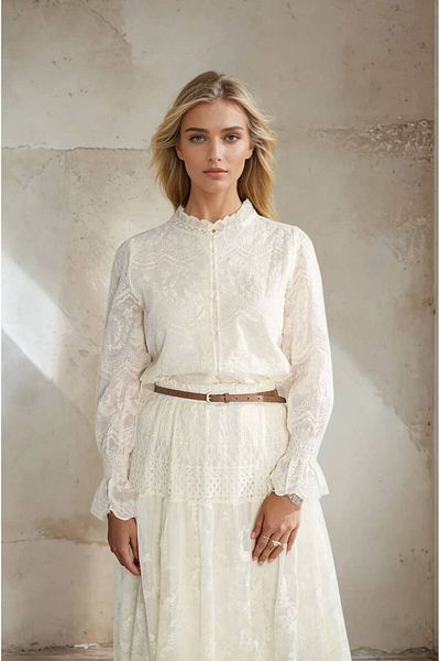 Robin Lace Shirt Blouse with Pearl Button and Neckline Detail