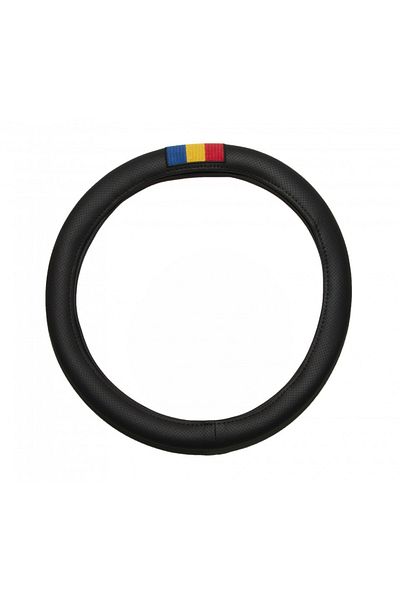 CED AUTO TRADE Black perforated imitation leather steering wheel cover with ROMANIA flag, diameter 38 cm