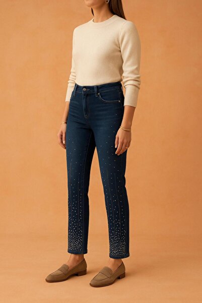 Nüans Büyük Beden Lacivert Taşlı Dar Paça Jean Pantolon