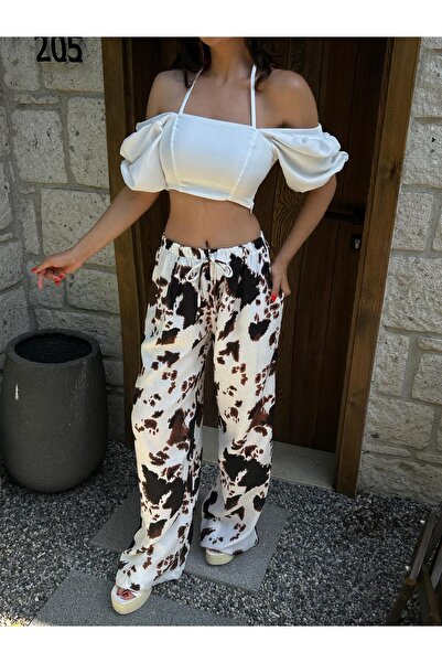 minaaise Kadın Siyah İnek Desen Bol Kesim Müslin Kumaş Pantolon 29243