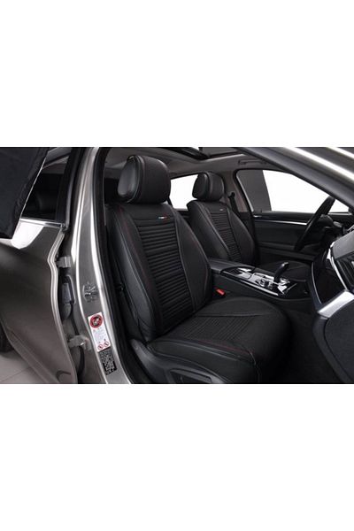 CED AUTO TRADE Set huse scaune auto universale, piele ecologica neagra si material textil negru, fata-spate