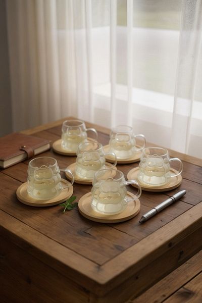 UCR HOME Coffee Side Mini Grape Bead Cup with Handle Presentation Cup and Wooden Base Set of 6 90 ml