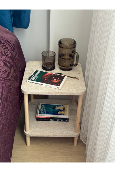 DESENGO Traverten ahşap ayaklı iki katlı, 35x35x50 modern komodin – sağlam, ş...