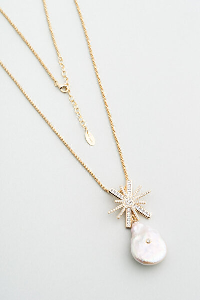 So CHIC... İnci Yıldızı 18 Ayar Sarı Altın Kaplama 55 Cm Gümüş Kolye