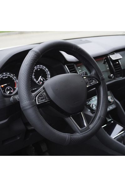 Umbrella STEERING WHEEL COVER, NATURAL LEATHER, SEMI PERFORATED, BLACK 35-37 CM
