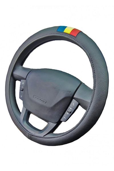 CED AUTO TRADE Black perforated imitation leather steering wheel cover with ROMANIA flag, diameter 45 - 46 cm, compatible with RENAULT