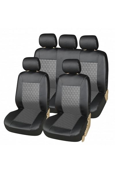 CED AUTO TRADE Set huse scaune auto, universale, fata-spate, piele ecologica, negru cu gri, compatibil airbag