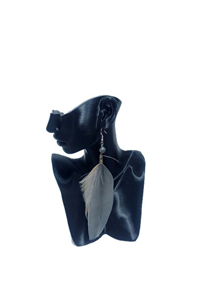 SYAZE Beige Natural Feather Detailed Long Earrings