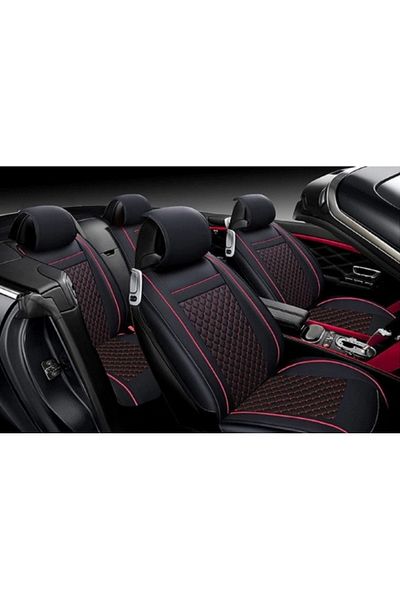 CED AUTO TRADE Set huse scaune auto universale, piele ecologica, negru si cusatura rosie, fata-spate