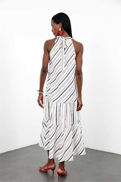5in1Canpolat White Striped Skirt Flounced Dress 30126