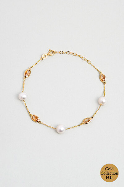 So CHIC... Doğal İnci Işıltısı 14 Ayar 19 Cm Sarı Altın Bileklik