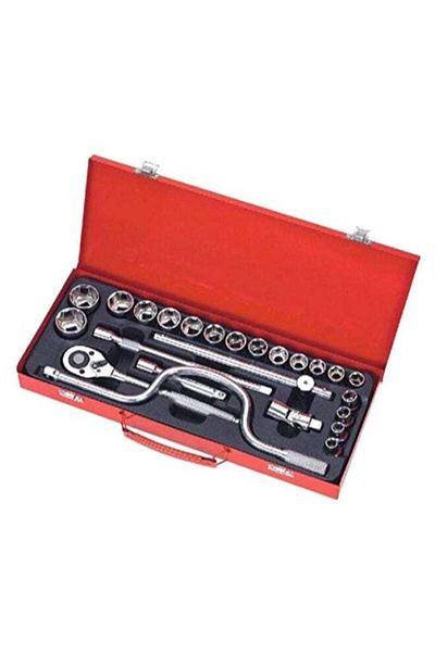 GENERAL Tool Set with Wrench, Sockets & Toolbox - 24 Pieces Silver/Black/Red