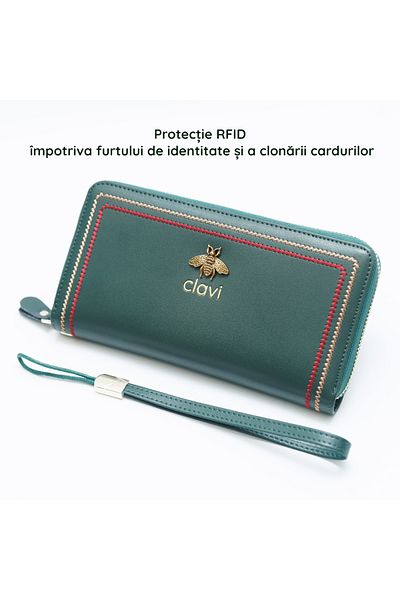 Clavi Genuine Leather Women's Wallet, Rfid Protection, Dimensions 20x10.5x3.5 Cm, Green