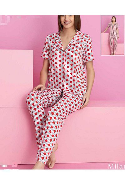 aytenli Shirt Collar Buttoned Short Sleeve Striped Heart Printed Lycra Loose Milan Fabric Pajama Set