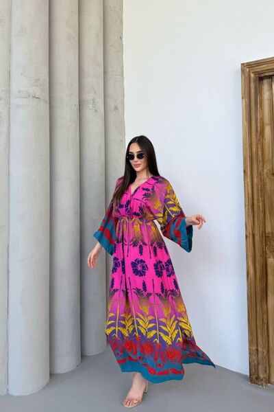 Mezka Rochie de damă cu mâneci lungi, guler dublu, model multicolor