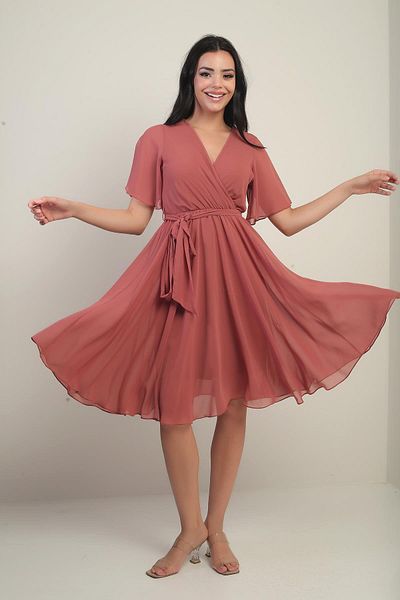 By Saygı Women's Double Breasted Neckline Flounce Sleeves Lined Chiffon Dress