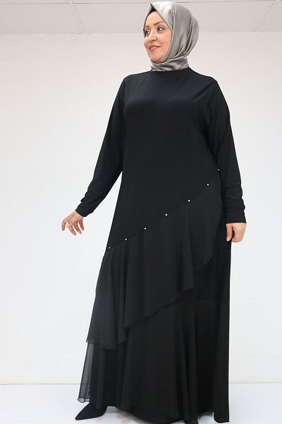 Eslina 52017 Plus Size Chiffon -Sandy Stone Detailed Dress - Black