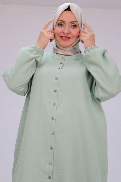 Eslina 57044 Large Size Buttoned Muslin Trousers Suit with Elastic Sleeves - Nefti