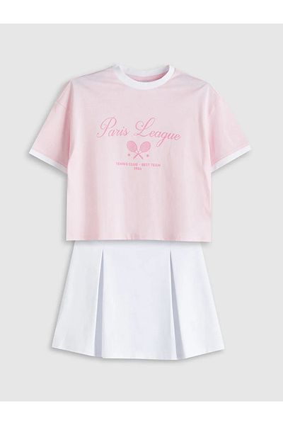 LC Waikiki Lcw Kids Pink Crew Neck Girls T-Shirt and Shorts Skirt