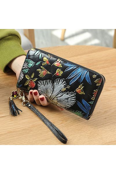 Clavi Women's Wallet Made of Genuine Leather Clavi, Three-Dimensional Print, RFID, 20x10.5x2.5 cm, Black