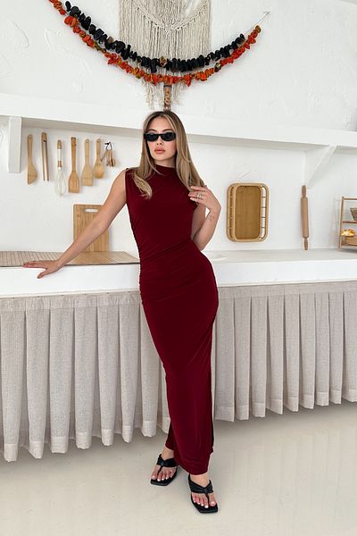 MİROR Women's Burgundy Draped Maxi Length Slit Dress