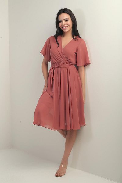 By Saygı Women's Double Breasted Neckline Flounce Sleeves Lined Chiffon Dress