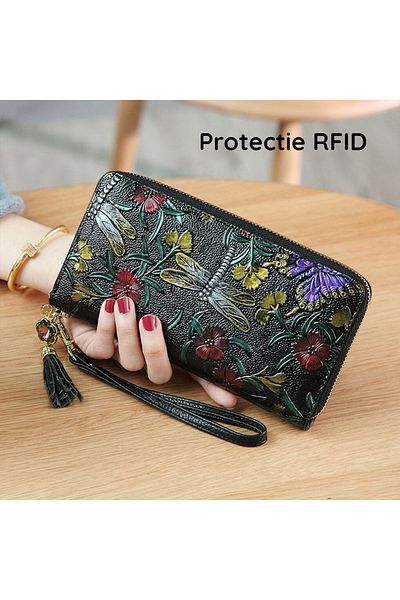 Clavi Women's Wallet Made of Genuine Leather Clavi, Three-Dimensional Print, RFID, 20x10.5x2.5 cm, Black