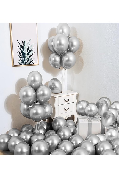 MACK PLUS 10’lu Gümüş Krom Balon Seti – 12 inç | Parlak ve Şık Metalik Balonlar