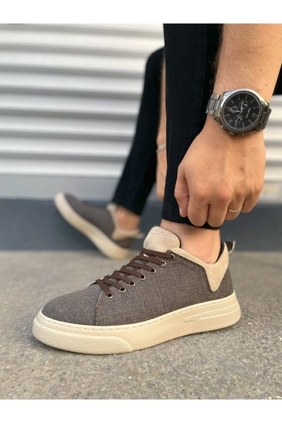 Joy Ayakkabı Jy204 Flex Lace-Up Linen Fabric Men's Casual Sneaker Shoes Kkt - Brown/Cream