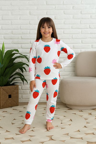 elmas kids 100% Cotton Female Child Strawberry Print Long-Sleeve Sleepwear Set