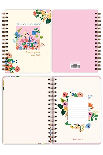 Matt Notebook 2025-2026 A5 Akademik Ajanda Spiralli 15x21 cm -13 Aylık- Krem Çiçekler