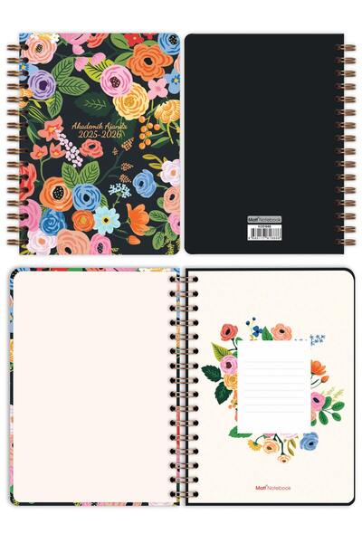 Matt Notebook 2025-2026 A5 Akademik Ajanda Spiralli 15x21 cm -13 Aylık- Siyah Çiçekler