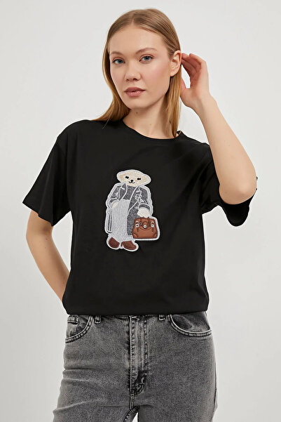 Aventien Tricou negru brodat cu ursuleț