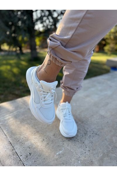 BURCU COLLECTİON Mila Breathable Lace-Up Sneaker White Sports Shoes