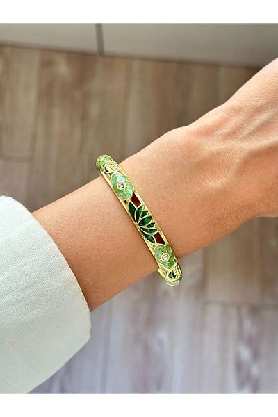 YOUES JEWELRY Steel Enamel Handcuff Bracelet Pearlescent Lotus Flower Vintage Stone Handcuff Bracelet