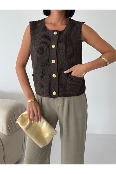 Zenea Gold Buttoned Brown Women's Knitwear Vest - 100% Cotton