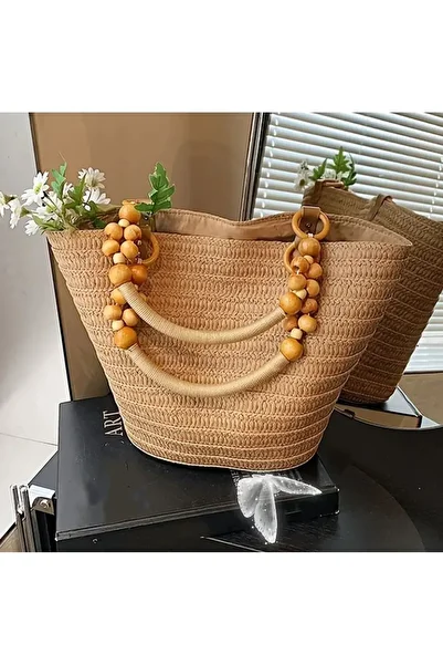 Büyük Hanım Large Size Beaded Straw Zippered Beach Bag