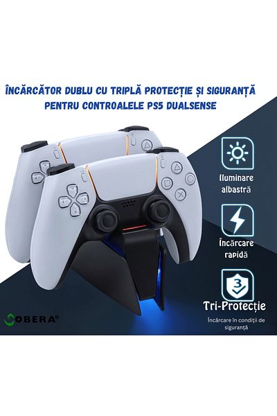 goBERA Statie incarcare DualSense PS5, goBERA®, Incarcare rapida, Indicator LED pentru starea incarcarii,