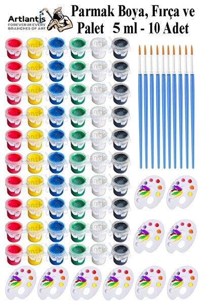 Artlantis Parmak Boyası 5 ml 6 Renk Resim Fırçası ve Palet 10 Paket Mini Küçü...
