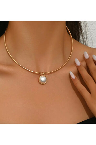 NISHPOINT ALTIN RENGİ PASLANMAZ İNCİ DETAYLI CHOKER KOLYE