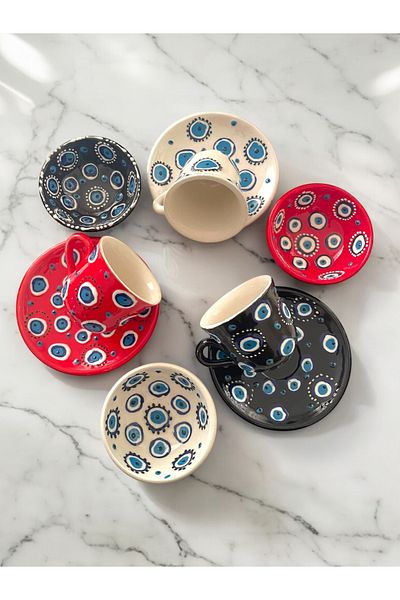 Artistic Quality Decorative 3-Person Stylish Evil Eye Bead Tile Designed Completely Handmade Coffee Cup and 10 cm Sauce Cup