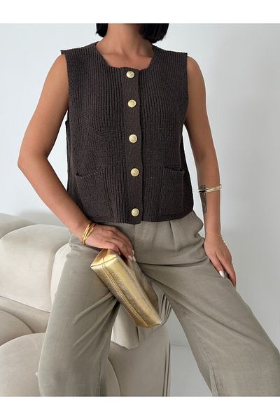 Zenea Gold Buttoned Brown Women's Knitwear Vest - 100% Cotton